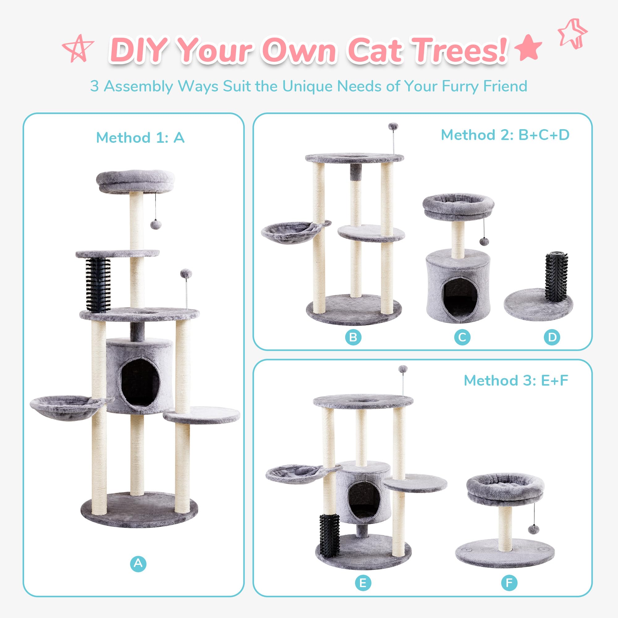 Made 4 Pets Cat Tree For Indoor Cats, 60.2 Inch Tall, 5-Level, Modern, Grey, Sisal Scratch Posts, Cat Condo With Hammock, Cat To
